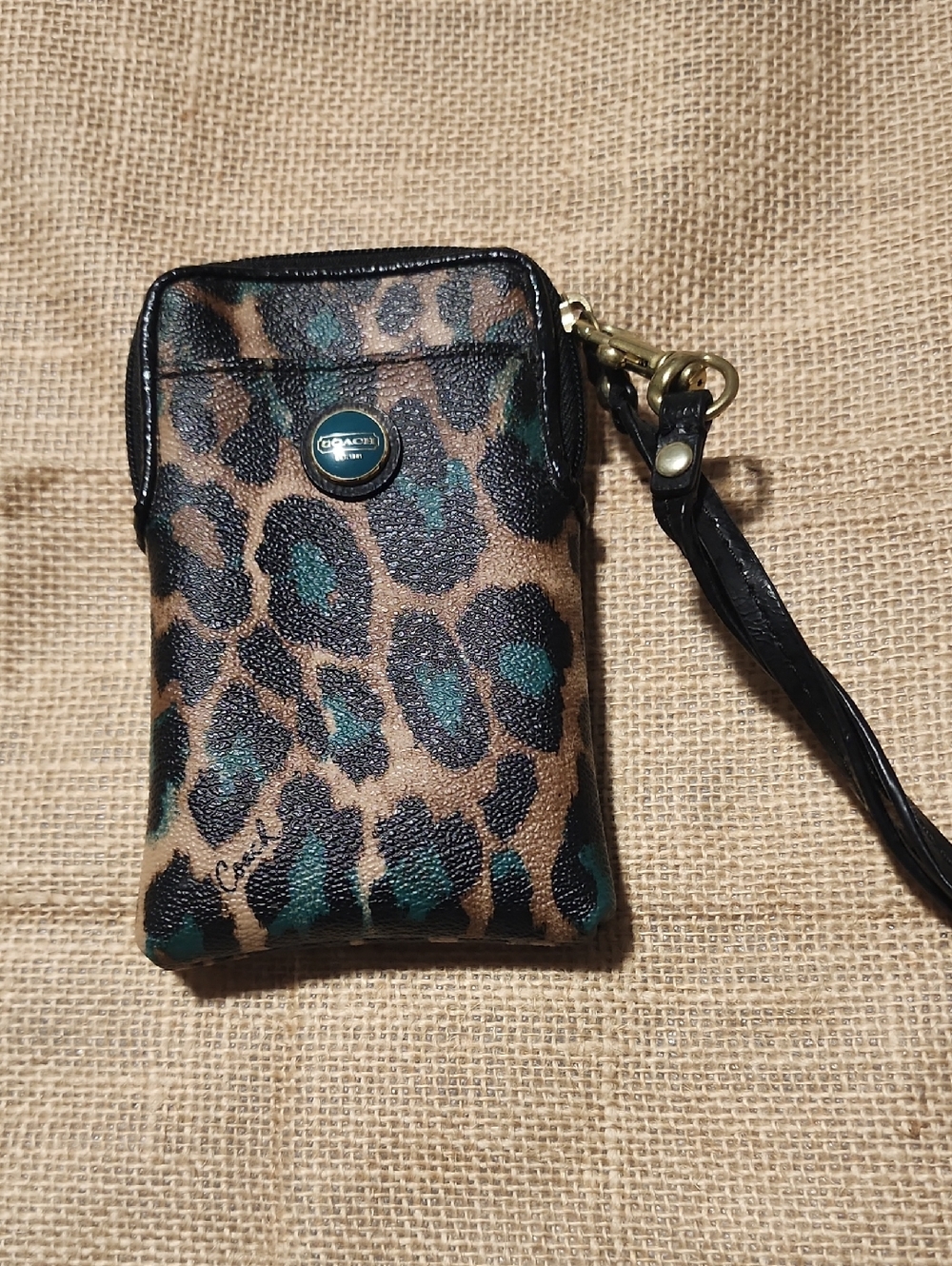 Coach Leopard Print Wristlet Phone Pouch — Brown & Teal